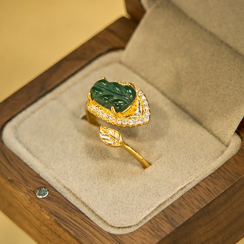 Fortune Jewel Copper Plated Gold Natural Jade Leaf Prosperity Adjustable Ring