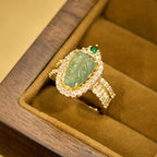 Fortune Jewel Copper Plated Gold Natural Jade Leaf Full Diamond Luck Adjustable Ring