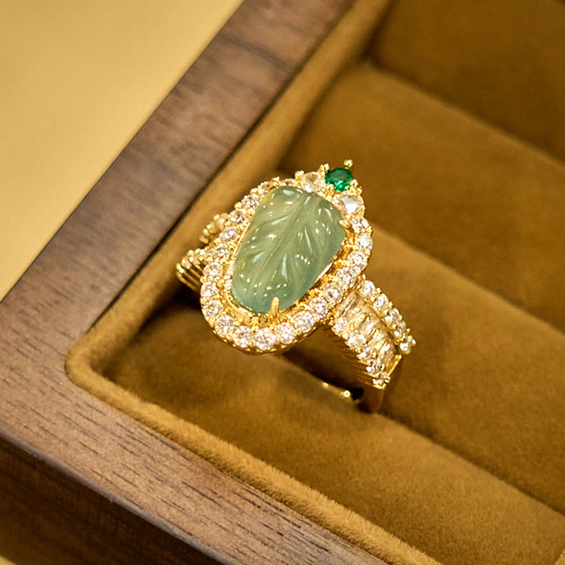 Fortune Jewel Copper Plated Gold Natural Jade Leaf Full Diamond Luck Adjustable Ring