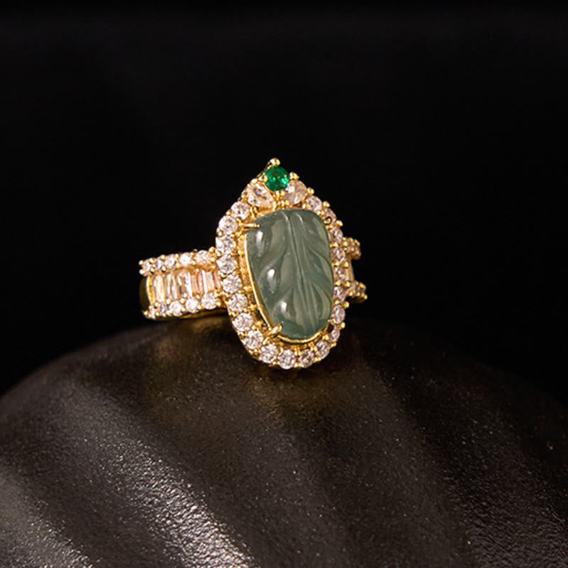 Fortune Jewel Copper Plated Gold Natural Jade Leaf Full Diamond Luck Adjustable Ring