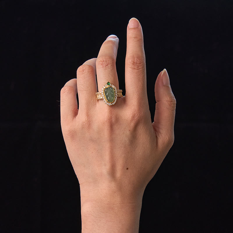 Fortune Jewel Copper Plated Gold Natural Jade Leaf Full Diamond Luck Adjustable Ring