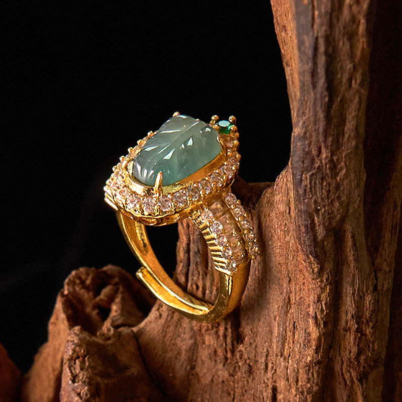 Fortune Jewel Copper Plated Gold Natural Jade Leaf Full Diamond Luck Adjustable Ring