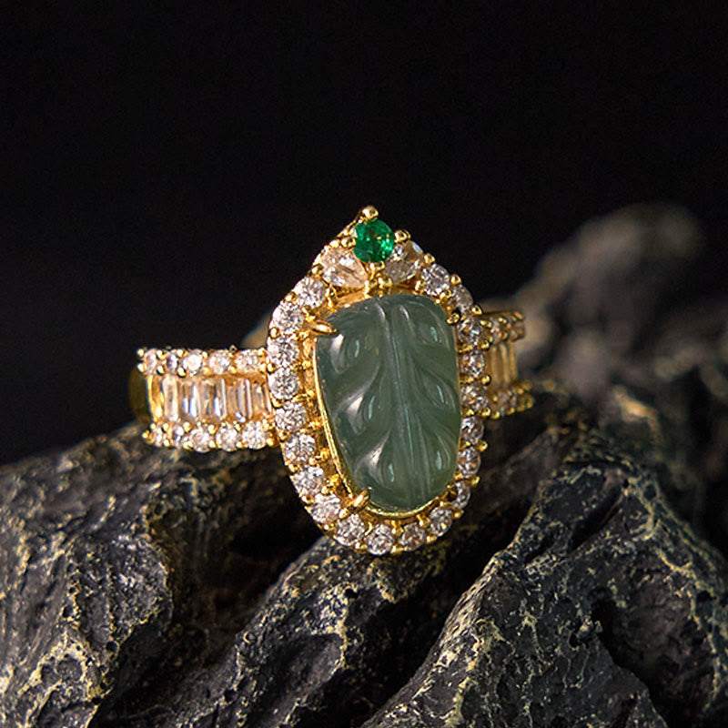 Fortune Jewel Copper Plated Gold Natural Jade Leaf Full Diamond Luck Adjustable Ring