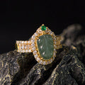 Fortune Jewel Copper Plated Gold Natural Jade Leaf Full Diamond Luck Adjustable Ring