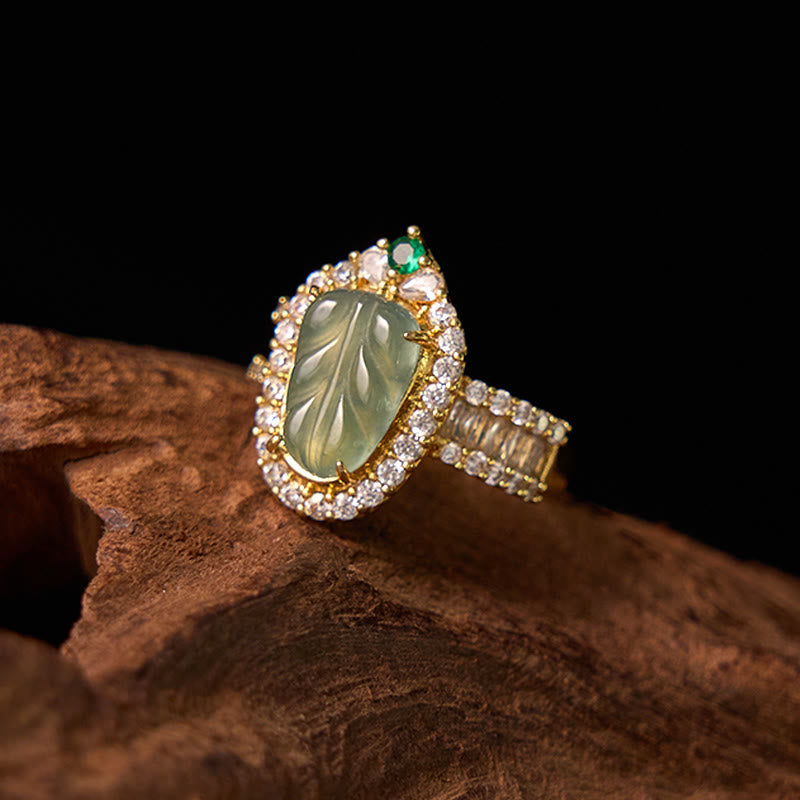 Fortune Jewel Copper Plated Gold Natural Jade Leaf Full Diamond Luck Adjustable Ring