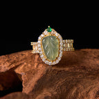 Fortune Jewel Copper Plated Gold Natural Jade Leaf Full Diamond Luck Adjustable Ring