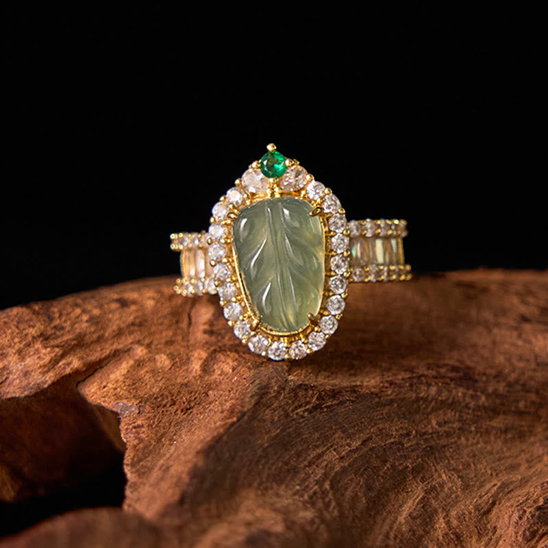 Fortune Jewel Copper Plated Gold Natural Jade Leaf Full Diamond Luck Adjustable Ring