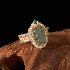 Fortune Jewel Copper Plated Gold Natural Jade Leaf Full Diamond Luck Adjustable Ring
