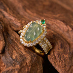 Fortune Jewel Copper Plated Gold Natural Jade Leaf Full Diamond Luck Adjustable Ring