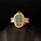 Fortune Jewel Copper Plated Gold Natural Jade Leaf Full Diamond Luck Adjustable Ring