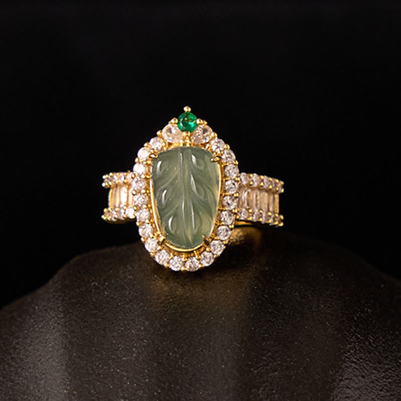 Fortune Jewel Copper Plated Gold Natural Jade Leaf Full Diamond Luck Adjustable Ring