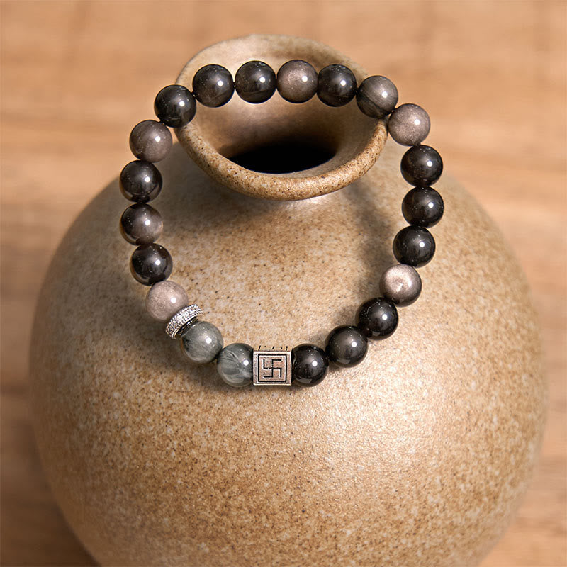 Fortune Jewel Black Obsidian Eagle's Eye Stone Strength Courage Bracelet