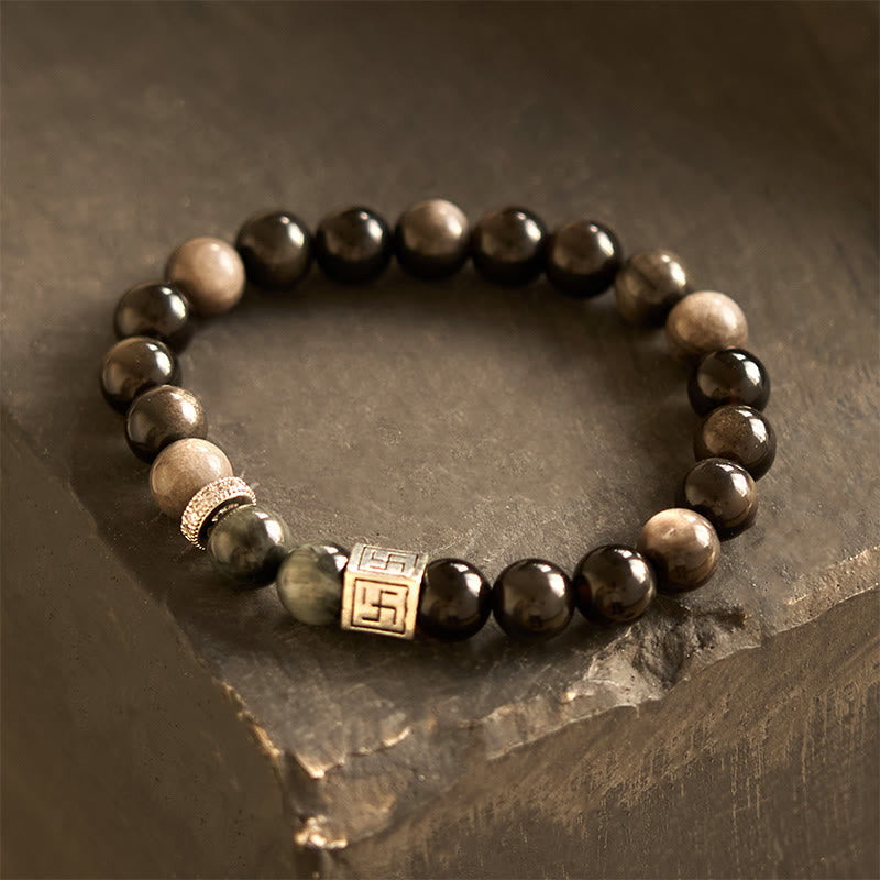 Fortune Jewel Black Obsidian Eagle's Eye Stone Strength Courage Bracelet