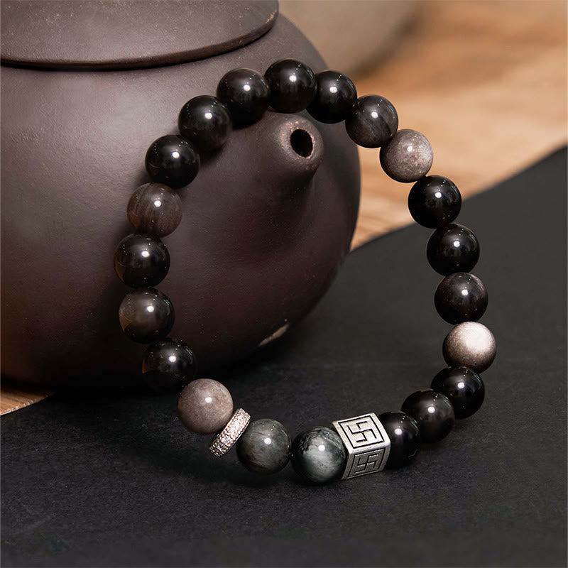 Fortune Jewel Black Obsidian Eagle's Eye Stone Strength Courage Bracelet