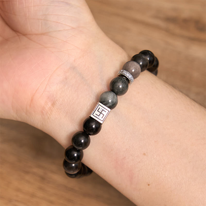 Fortune Jewel Black Obsidian Eagle's Eye Stone Strength Courage Bracelet