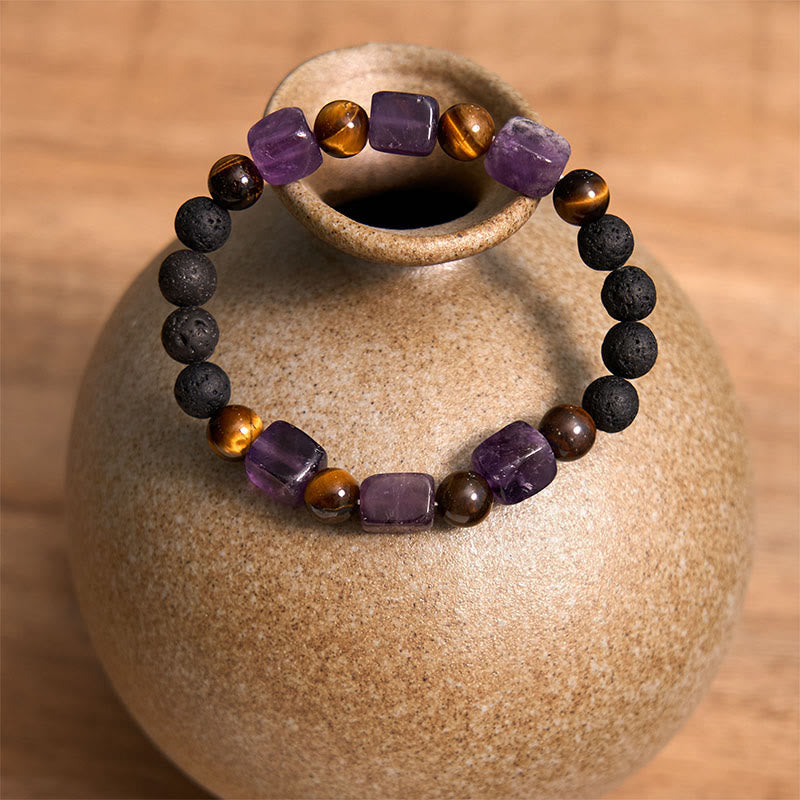 Fortune Jewel Various Crystals Cube Amethyst Lava Rock Support Bracelet