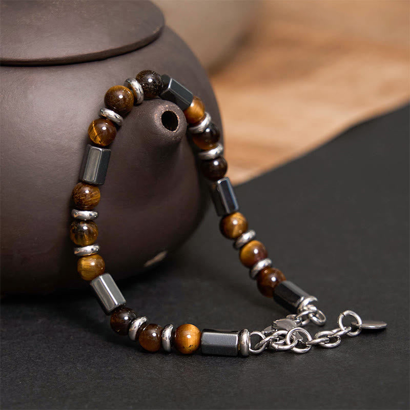 Fortune Jewel Tiger Eye Hematite Strength Buckle Chain Bracelet