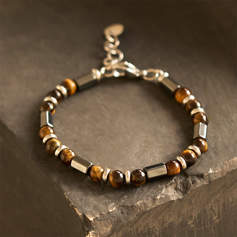 Fortune Jewel Tiger Eye Hematite Strength Buckle Chain Bracelet