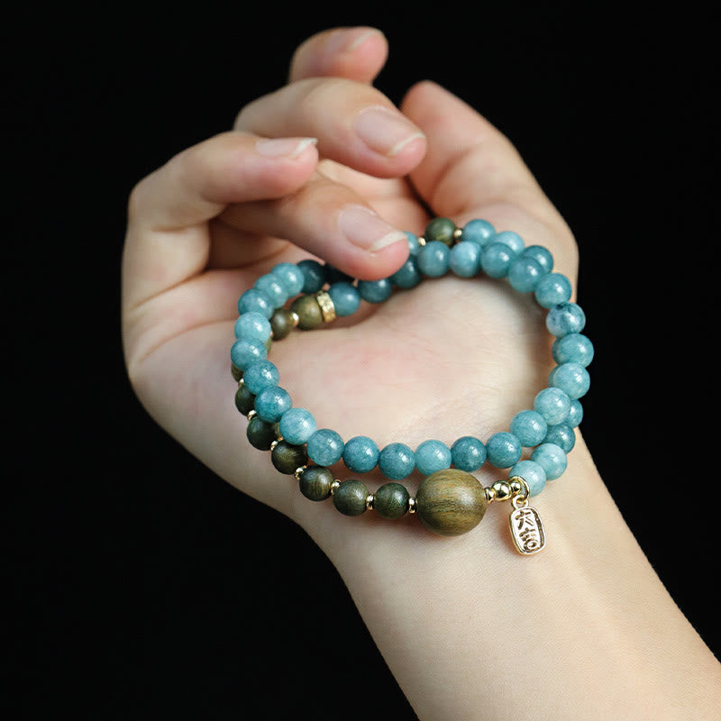 Fortune Jewel Blue Chalcedony Green Sandalwood Small Leaf Red Sandalwood Double Wrap Emotional Balance Bracelet