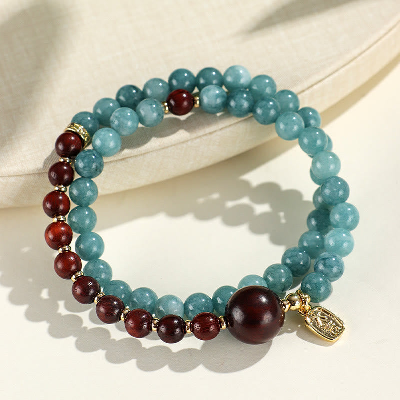 Fortune Jewel Blue Chalcedony Green Sandalwood Small Leaf Red Sandalwood Double Wrap Emotional Balance Bracelet