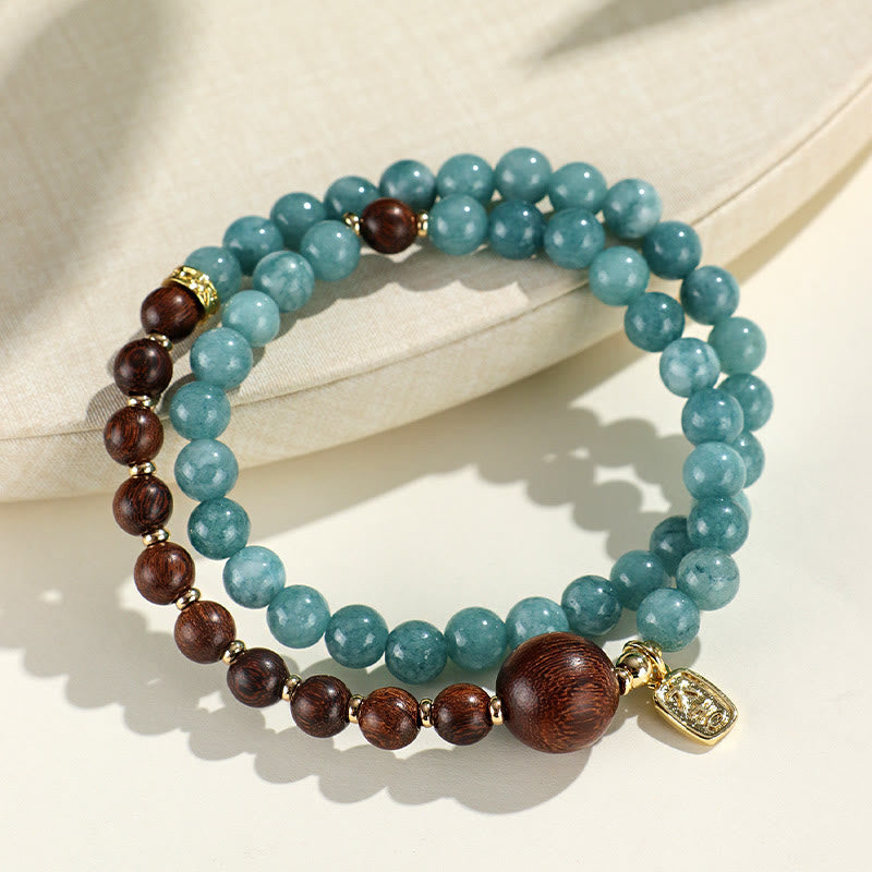 Fortune Jewel Blue Chalcedony Green Sandalwood Small Leaf Red Sandalwood Double Wrap Emotional Balance Bracelet