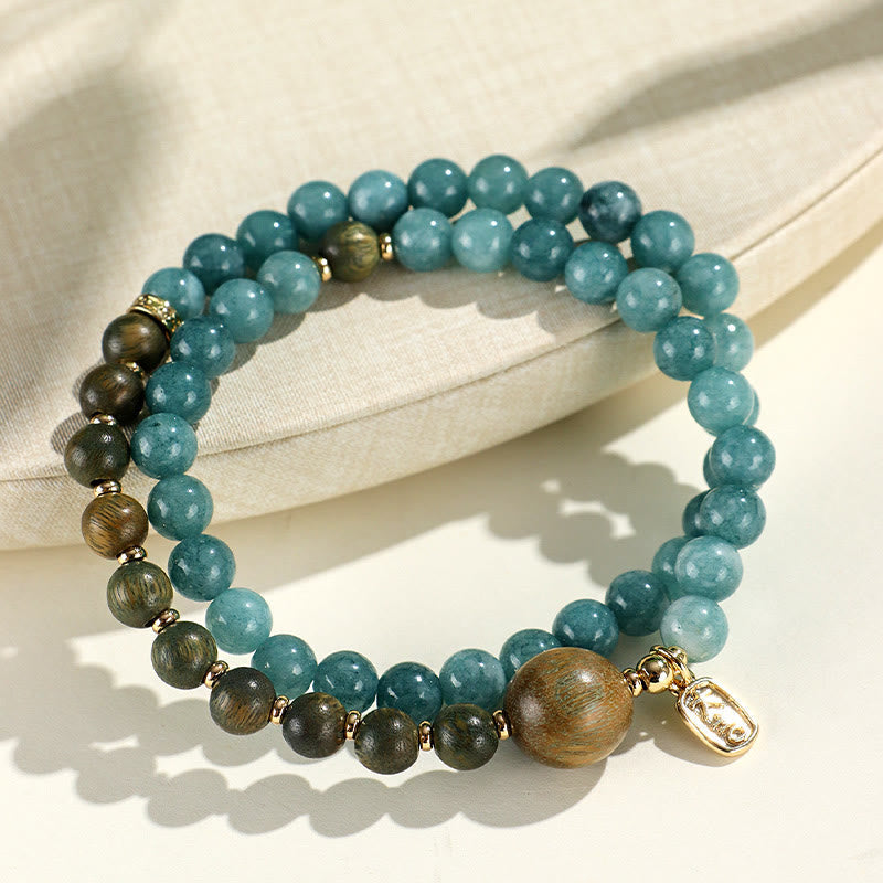 Fortune Jewel Blue Chalcedony Green Sandalwood Small Leaf Red Sandalwood Double Wrap Emotional Balance Bracelet