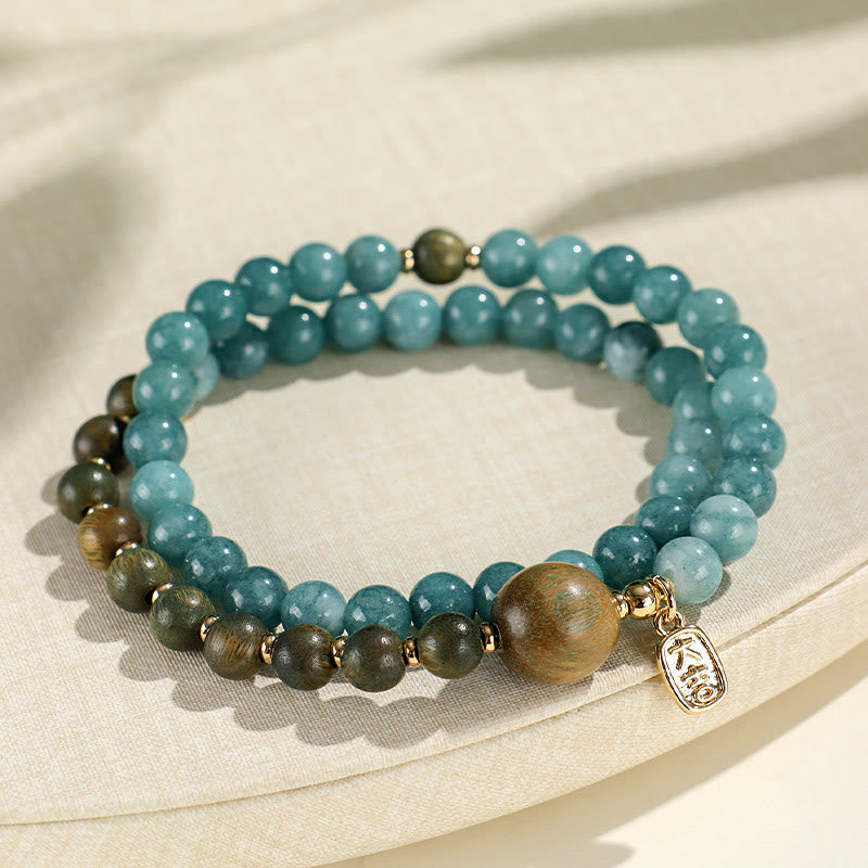 Fortune Jewel Blue Chalcedony Green Sandalwood Small Leaf Red Sandalwood Double Wrap Emotional Balance Bracelet