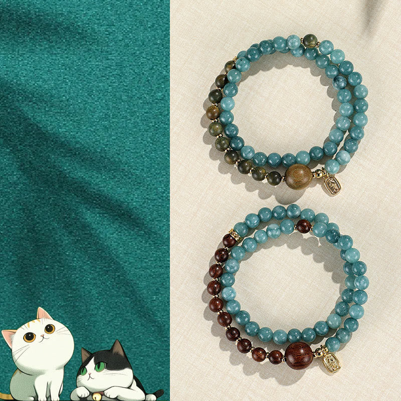 Fortune Jewel Blue Chalcedony Green Sandalwood Small Leaf Red Sandalwood Double Wrap Emotional Balance Bracelet