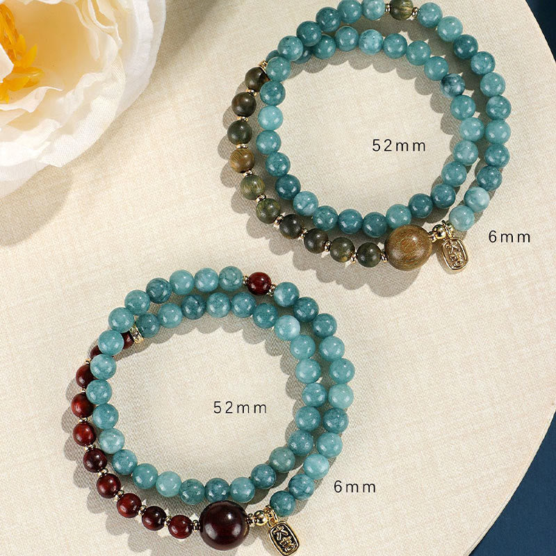 Fortune Jewel Blue Chalcedony Green Sandalwood Small Leaf Red Sandalwood Double Wrap Emotional Balance Bracelet