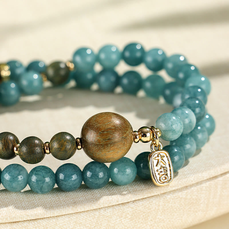 Fortune Jewel Blue Chalcedony Green Sandalwood Small Leaf Red Sandalwood Double Wrap Emotional Balance Bracelet