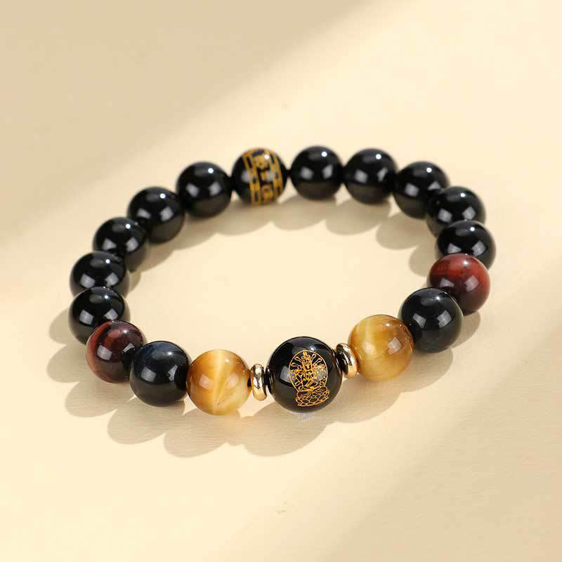 Fortune Jewel Black Onyx Tiger Eye Om Mani Padme Hum Chinese Zodiac Natal Buddha Support Bracelet