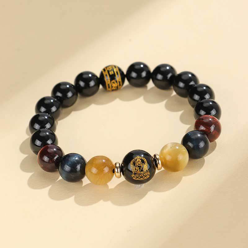 Fortune Jewel Black Onyx Tiger Eye Om Mani Padme Hum Chinese Zodiac Natal Buddha Support Bracelet
