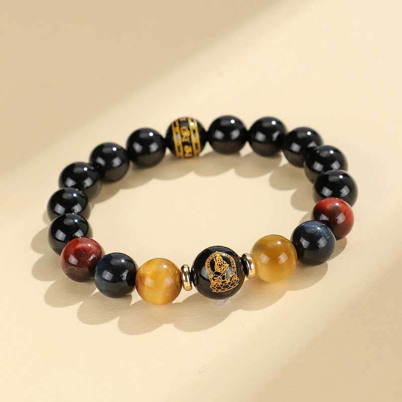 Fortune Jewel Black Onyx Tiger Eye Om Mani Padme Hum Chinese Zodiac Natal Buddha Support Bracelet