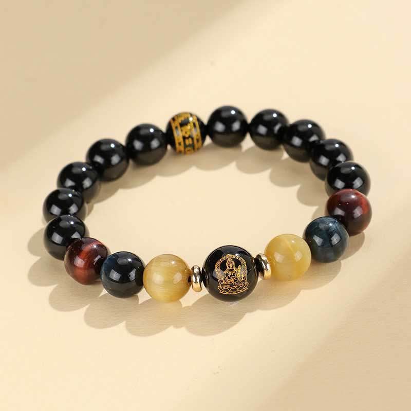 Fortune Jewel Black Onyx Tiger Eye Om Mani Padme Hum Chinese Zodiac Natal Buddha Support Bracelet