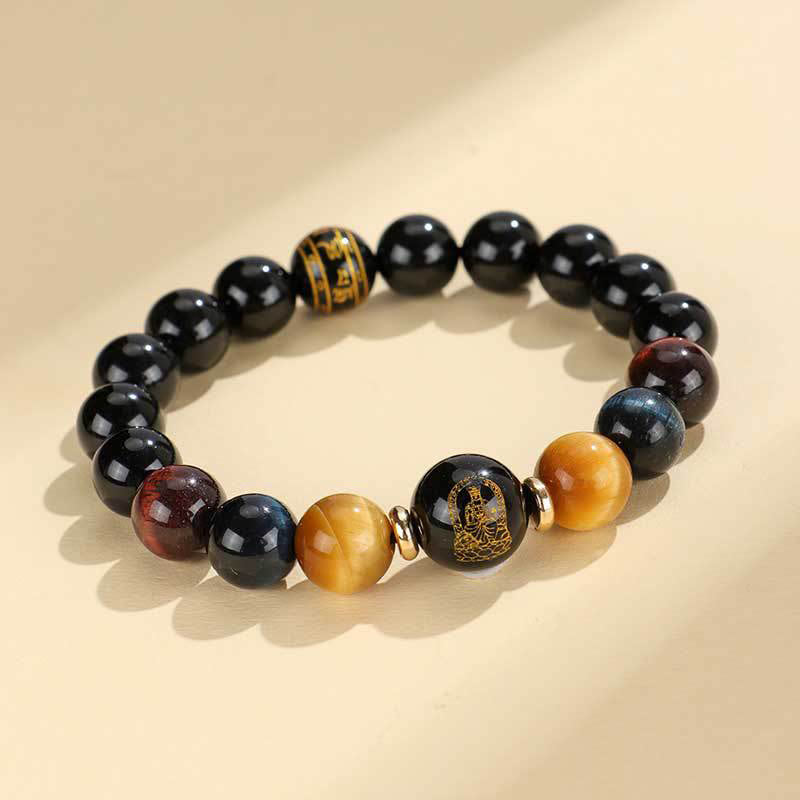 Fortune Jewel Black Onyx Tiger Eye Om Mani Padme Hum Chinese Zodiac Natal Buddha Support Bracelet