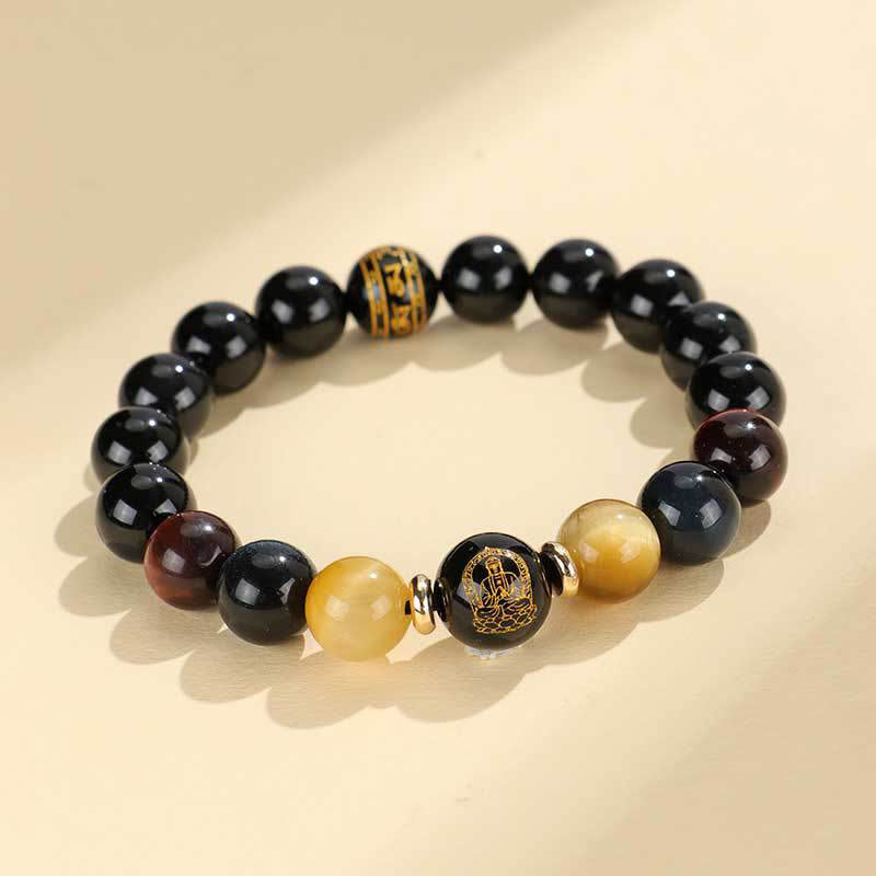 Fortune Jewel Black Onyx Tiger Eye Om Mani Padme Hum Chinese Zodiac Natal Buddha Support Bracelet