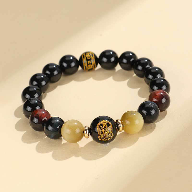 Fortune Jewel Black Onyx Tiger Eye Om Mani Padme Hum Chinese Zodiac Natal Buddha Support Bracelet