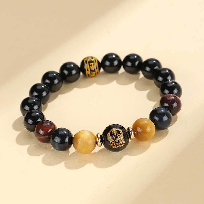 Fortune Jewel Black Onyx Tiger Eye Om Mani Padme Hum Chinese Zodiac Natal Buddha Support Bracelet