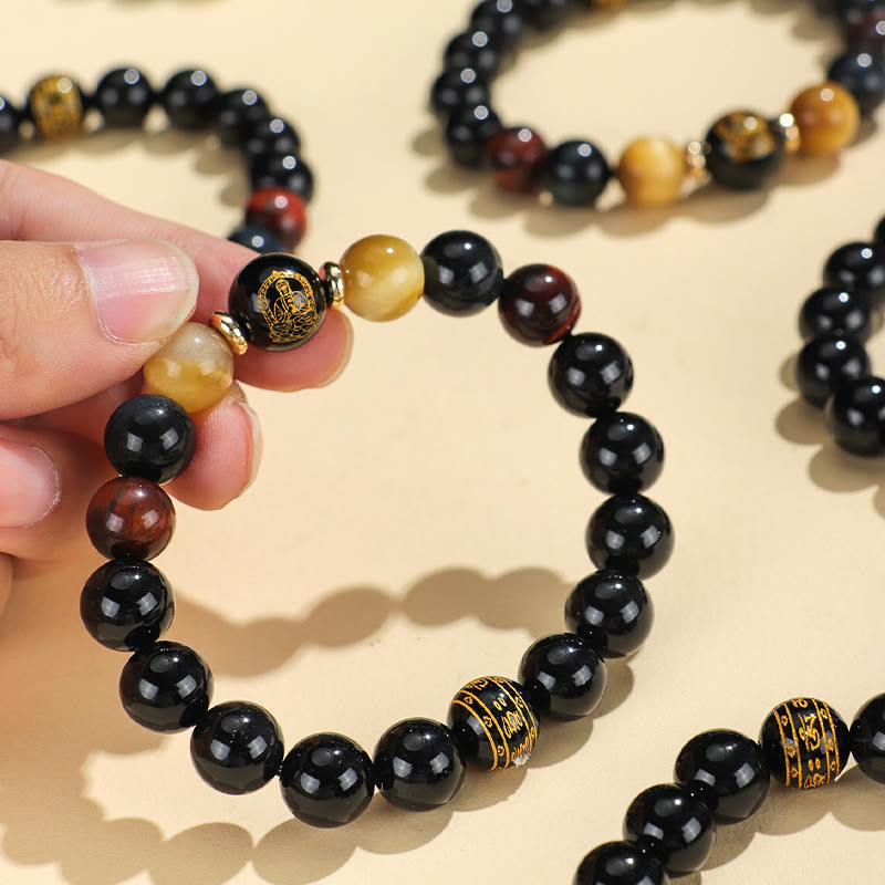 Fortune Jewel Black Onyx Tiger Eye Om Mani Padme Hum Chinese Zodiac Natal Buddha Support Bracelet