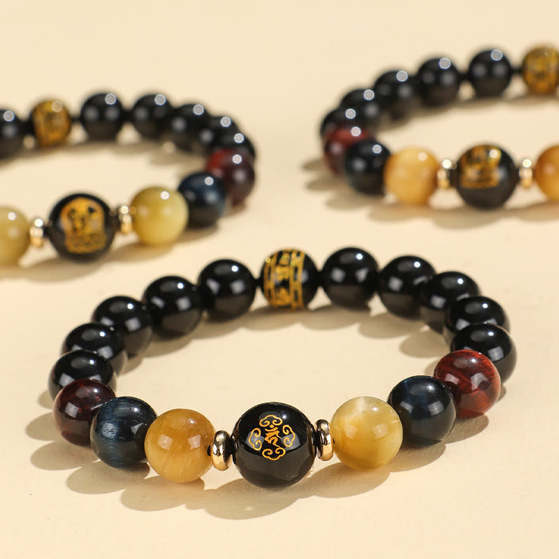 Fortune Jewel Black Onyx Tiger Eye Om Mani Padme Hum Chinese Zodiac Natal Buddha Support Bracelet
