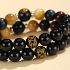 Fortune Jewel Black Onyx Tiger Eye Om Mani Padme Hum Chinese Zodiac Natal Buddha Support Bracelet