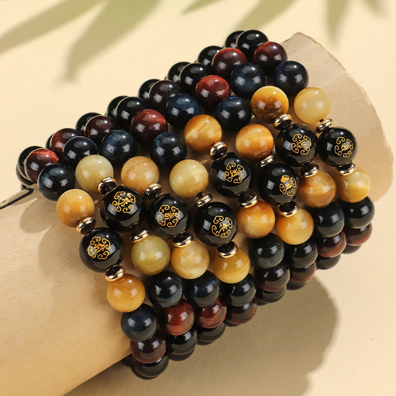 Fortune Jewel Black Onyx Tiger Eye Om Mani Padme Hum Chinese Zodiac Natal Buddha Support Bracelet