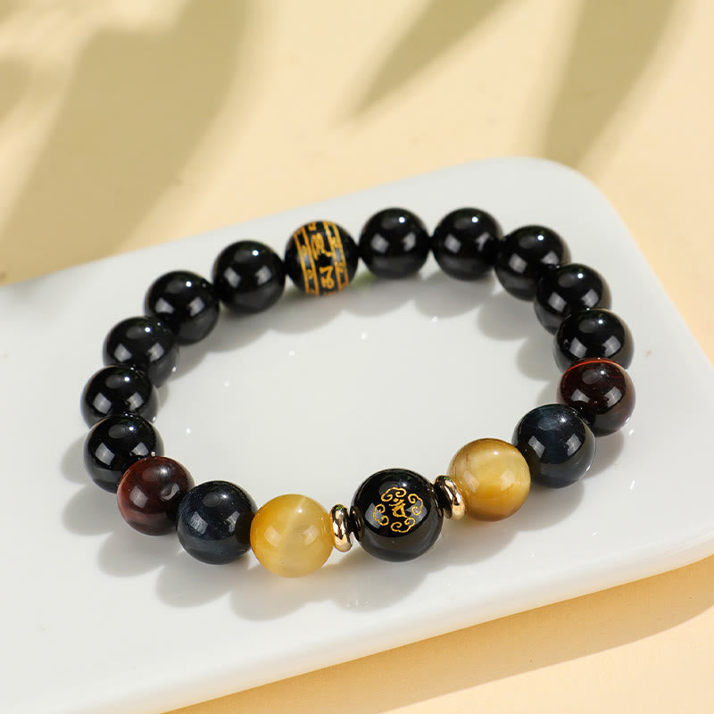 Fortune Jewel Black Onyx Tiger Eye Om Mani Padme Hum Chinese Zodiac Natal Buddha Support Bracelet