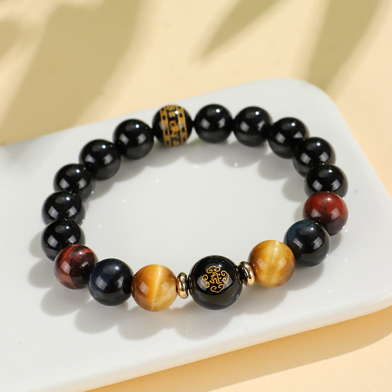 Fortune Jewel Black Onyx Tiger Eye Om Mani Padme Hum Chinese Zodiac Natal Buddha Support Bracelet