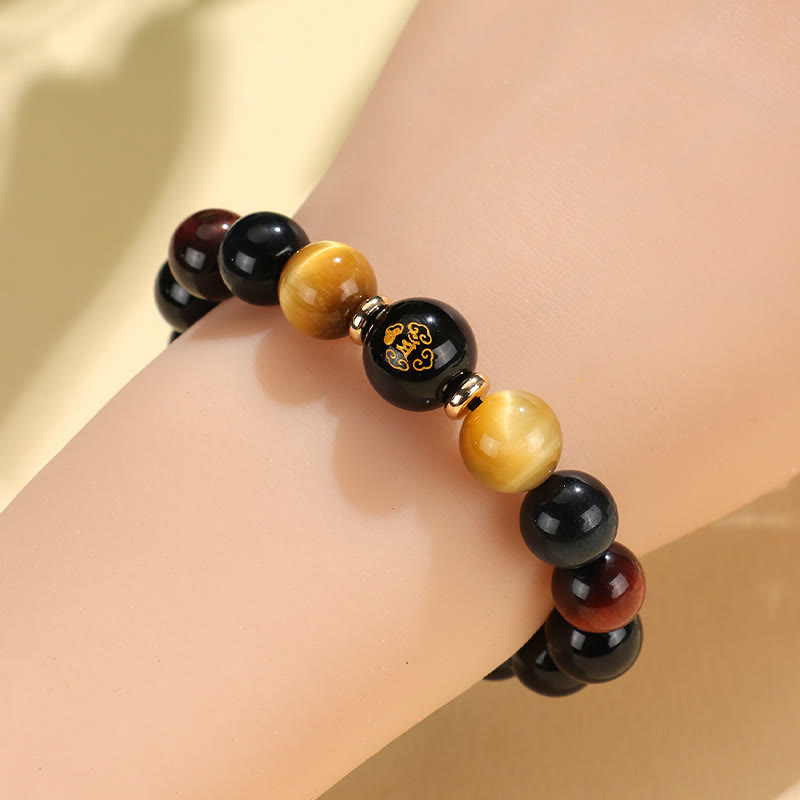 Fortune Jewel Black Onyx Tiger Eye Om Mani Padme Hum Chinese Zodiac Natal Buddha Support Bracelet
