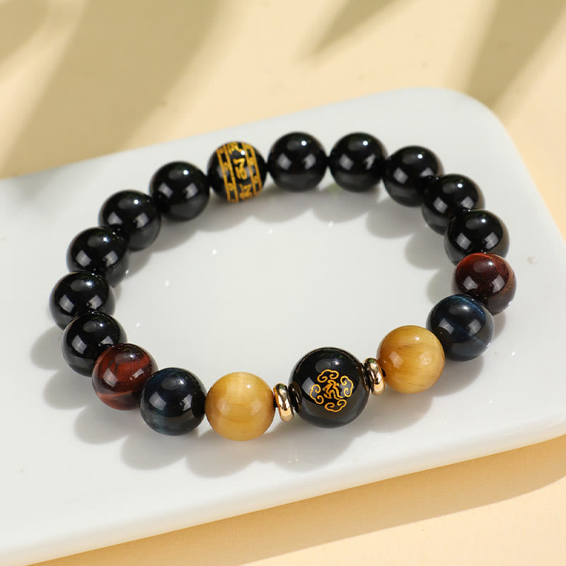 Fortune Jewel Black Onyx Tiger Eye Om Mani Padme Hum Chinese Zodiac Natal Buddha Support Bracelet