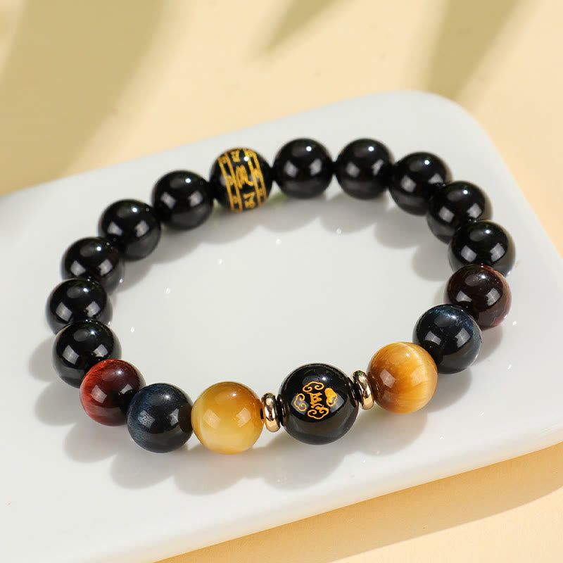 Fortune Jewel Black Onyx Tiger Eye Om Mani Padme Hum Chinese Zodiac Natal Buddha Support Bracelet