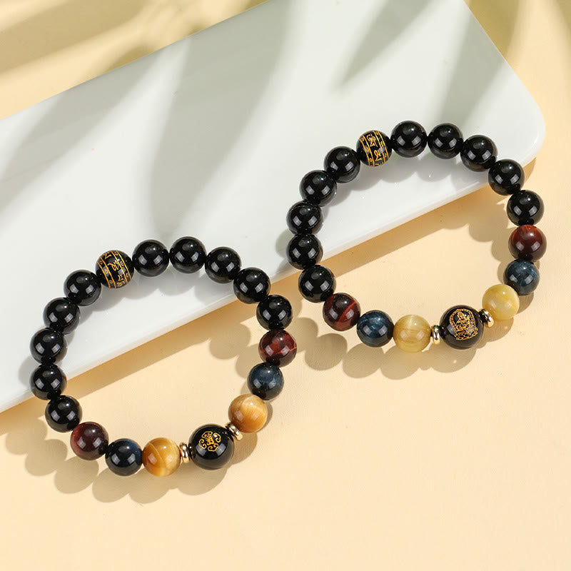 Fortune Jewel Black Onyx Tiger Eye Om Mani Padme Hum Chinese Zodiac Natal Buddha Support Bracelet
