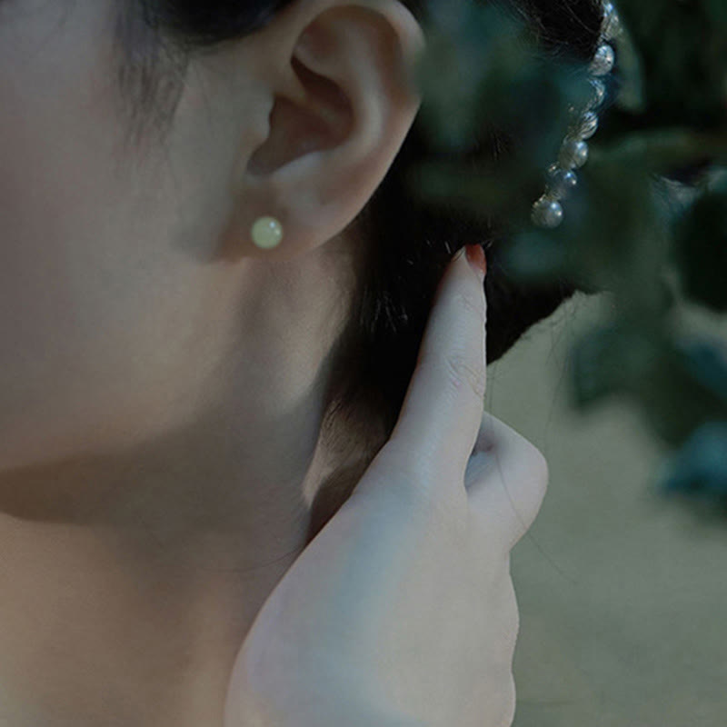 Fortune Jewel Round Jade Beaded Luck Stud Earrings