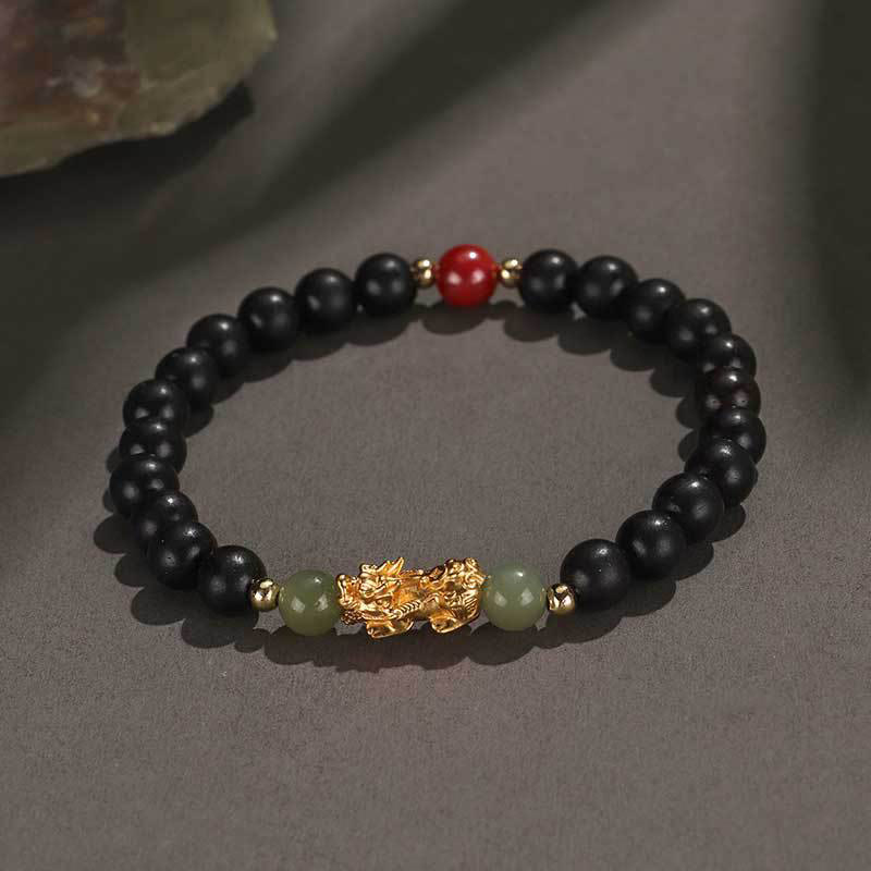 Fortune Jewel 999 Sterling Silver Sandalwood Ebony Wood Small Leaf Red Sandalwood Hetian Jade Cinnabar PiXiu Wealth Bracelet